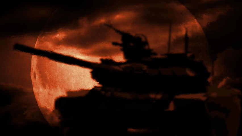 Symbol of war. Silhouette of the tank, at night in desert. Distortions from warm air