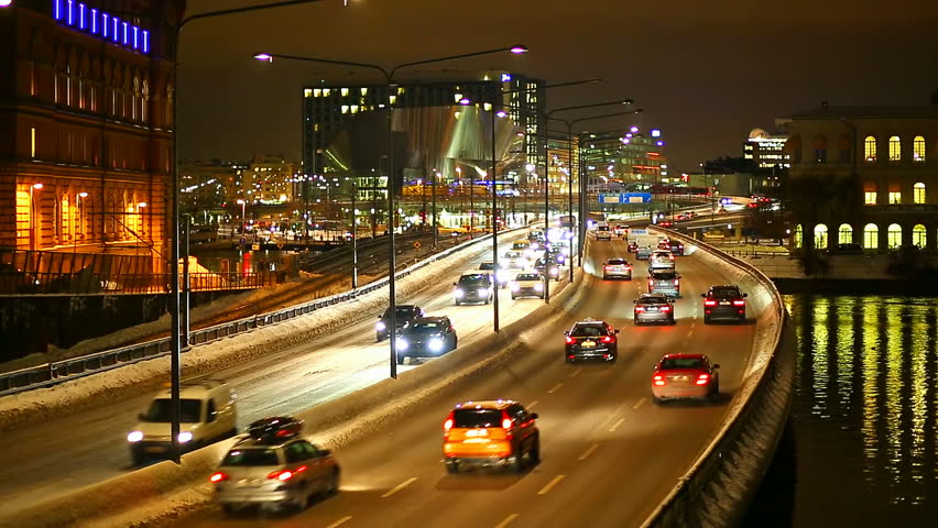 Night scenery of highway with transportation traffic in Stockholm, Sweden