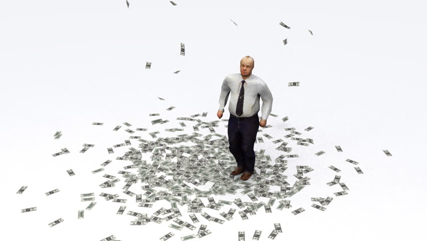 dancing businessman under falling dollars