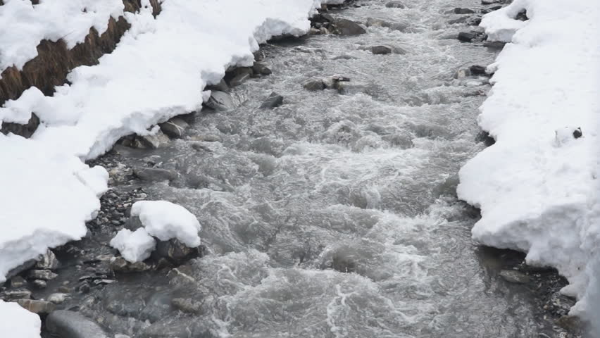 Water flowing thru a snowy landscape