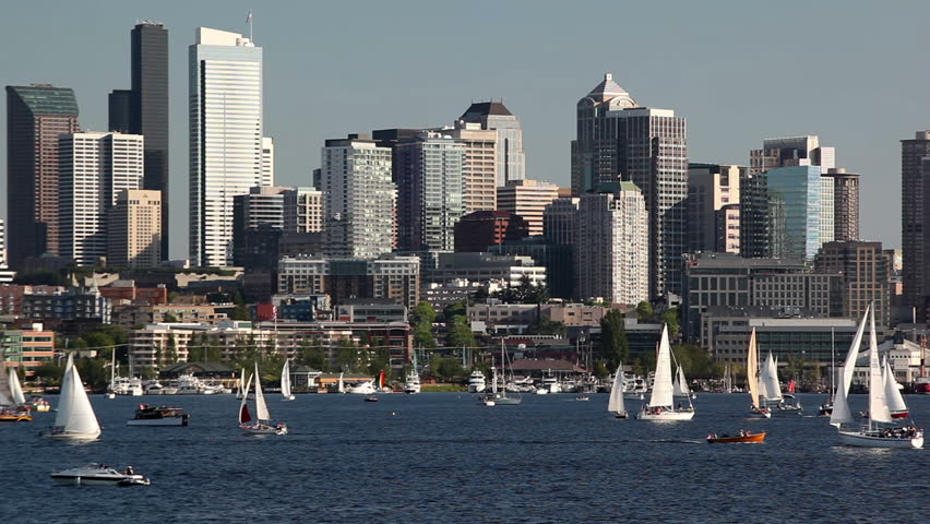 WA, Seattle, Sailboats on Lake Union, Seattle skyline, view from Gasworks Park