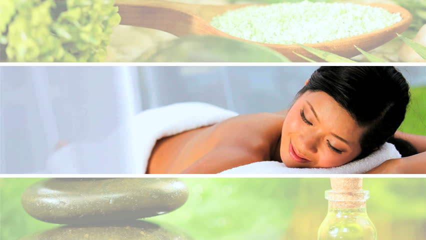 Montage of health spa products & a beautiful young Asian Chinese girl being pampered with luxury massage treatment