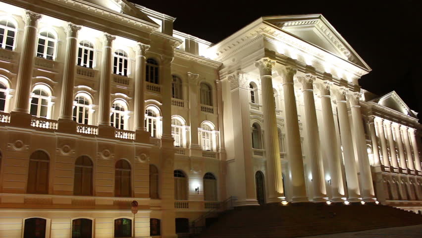 Pan view of public university old building with Classical white Greek style columns in Curitiba, Parana. City to host the next world cup of soccer in Brazil. 