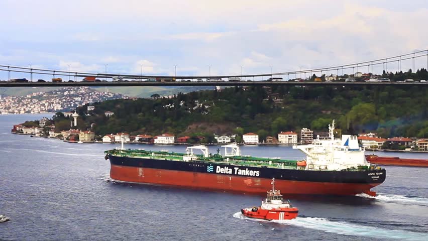 ISTANBUL - OCT 11: Oil tanker DELTA TOLMI (IMO: 9429027, Greece) on October 11, 2012 in Istanbul. 274 long, 48 mt width super ship. An escort tug board is compulsory in straits for over 249,99 meters.