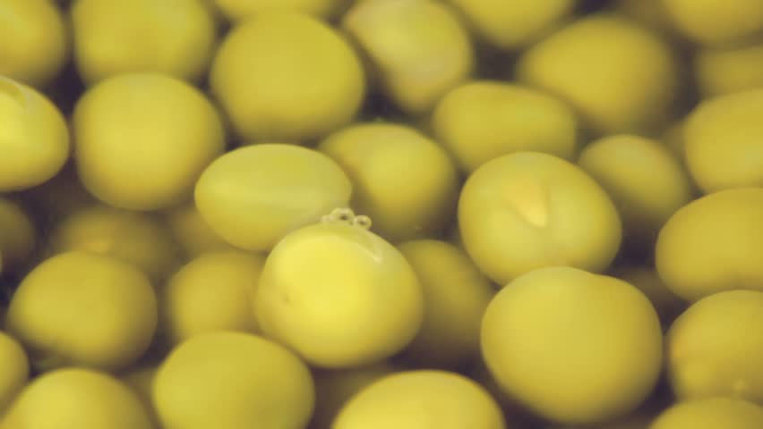 Many green peas rotates in liquid marinade closeup
