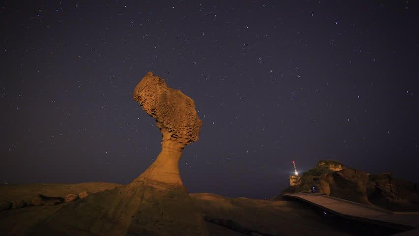 Beautiful star trails at Queen's head Rock in North Coast National Park, Taiwan