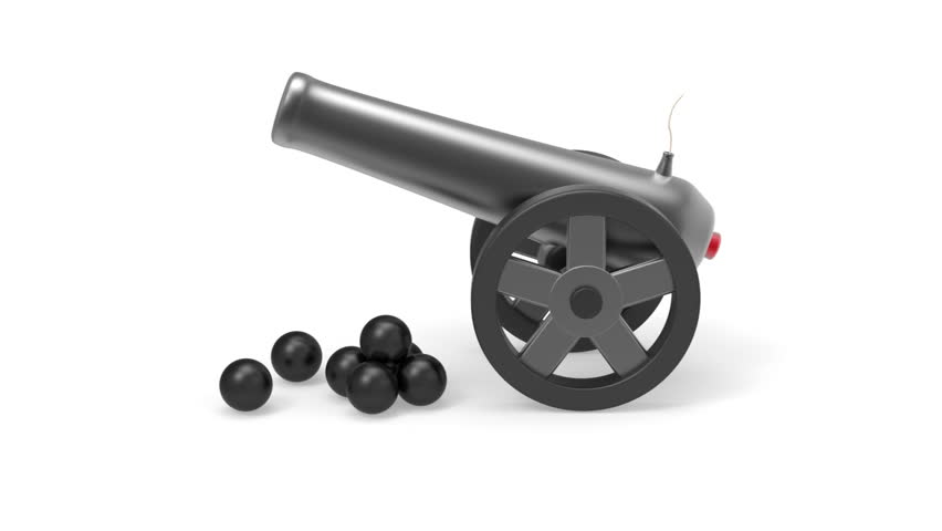 Cannon with black bombs rotates on white background