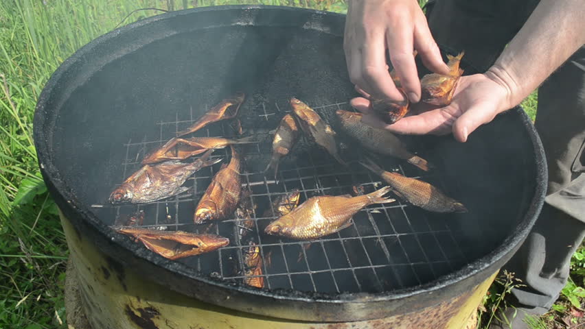 speed up fast scene man hand take fresh delicacy smoked fish from smokehouse.