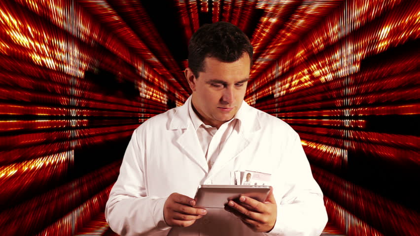 Scientist using Tablet PC Binary Numbers Tunnel Background 2