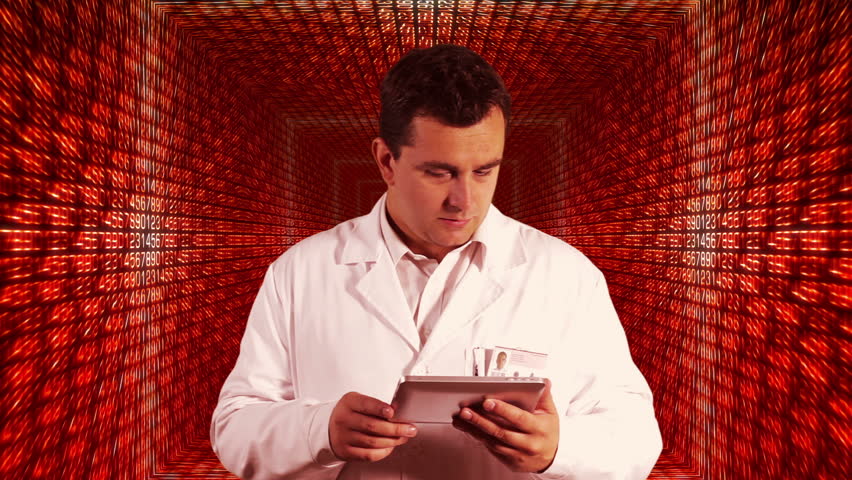 Scientist using Tablet PC Decimal Numbers Background
