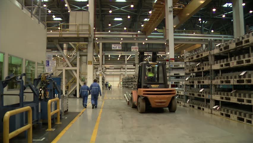 Automobile factory. Car production. Crane shot,. 