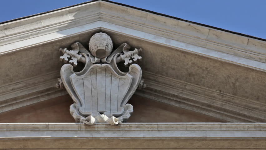 Stone crest above the Triclinium of Pope Leo III. Filmed in Rome, Italy.