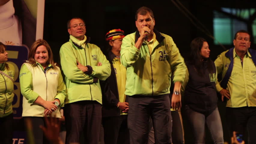 BANOS DE AGUA SANTA, ECUADOR - JANUARY 21: Rafael Correa speaks about plans and projects that are meant to reduce criminality and increase social protection in Tungurahua province, Ecuador on January 21, 2013.