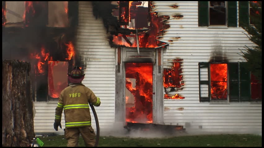 A home is completely destroyed by fire.