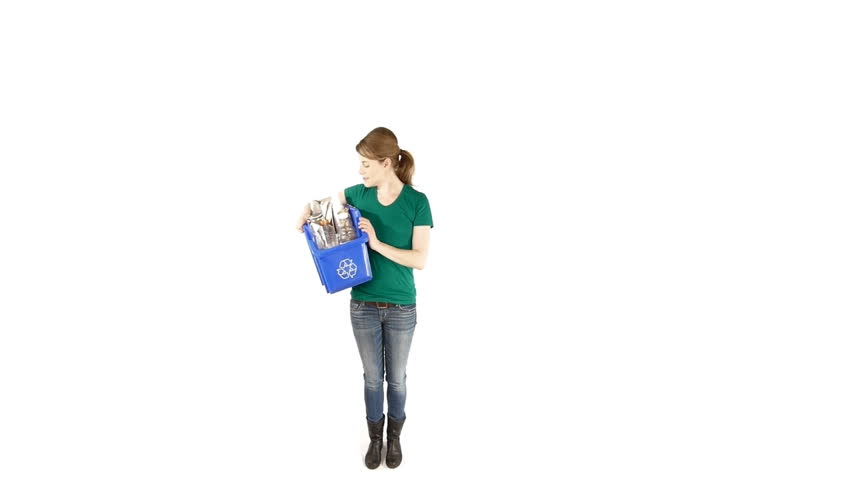 Woman in a white background holding a recycle bin with animatd illustrations around herself.