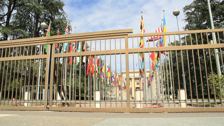 GENEVA, JUNE 2012 : Tracking shot at UN headquarter entrance in Geneva, Switzerland.