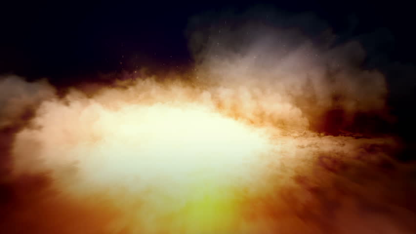 Flight through white clouds in a dark sky.