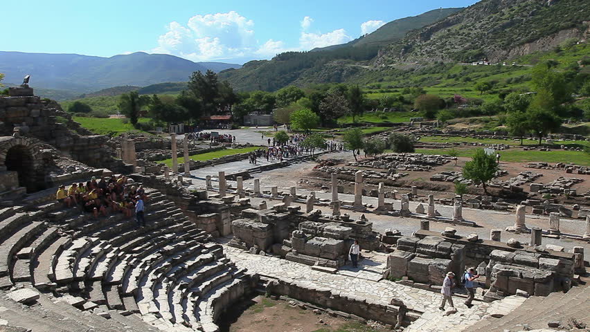 Tourists visit Odeion in the Ephesus amphitheater on June 10, 2012