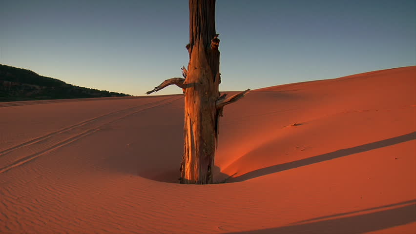 two people walk up red sand dune at sunset