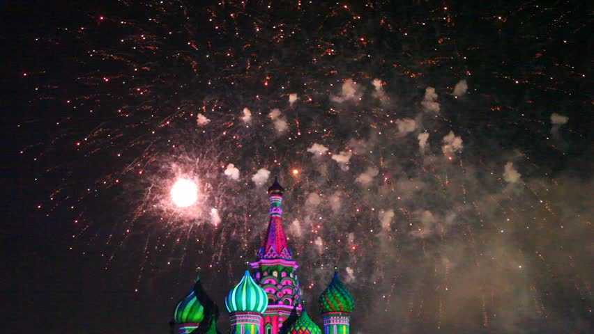 MOSCOW - AUG 31: Fireworks on top of Saint Basil Church at Military Music Festival Spasskaya Tower, on Aug 31, 2011 in Moscow, Russia.