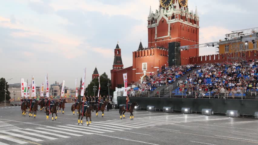 MOSCOW - AUG 31: Cavalry with flags of allied-members countries on Red Square during parade devoted to Military Music Festival Spasskaya Tower, on Aug 31, 2011 in Moscow, Russia