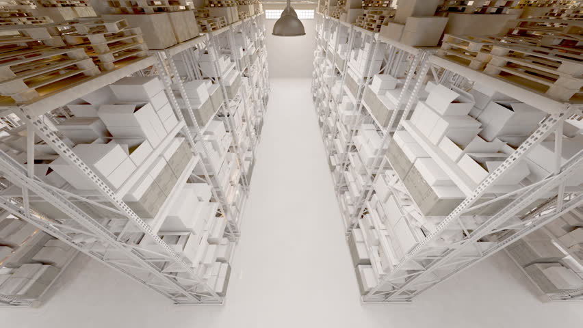 Warehouse interior 3d loopable animation. Camera is moving forward.