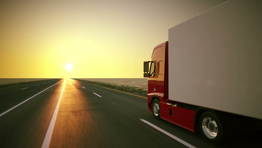 Truck On The Road With Sunset In The Background. Large Delivery Truck 