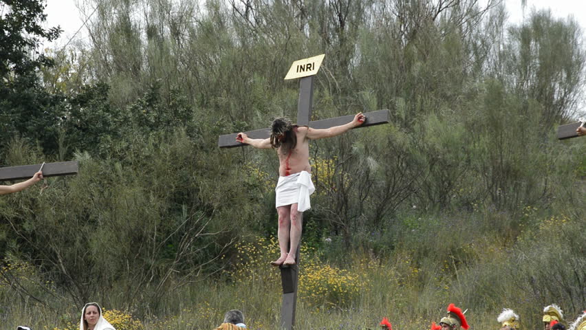 ANDALUSIA - CAJIZ - MARCH 29: Christ crucified, theatrical representation of the biblical scene, The Passion,  in Cajiz, Velez Malaga, Andalusia, Spain on March 29, 2013.