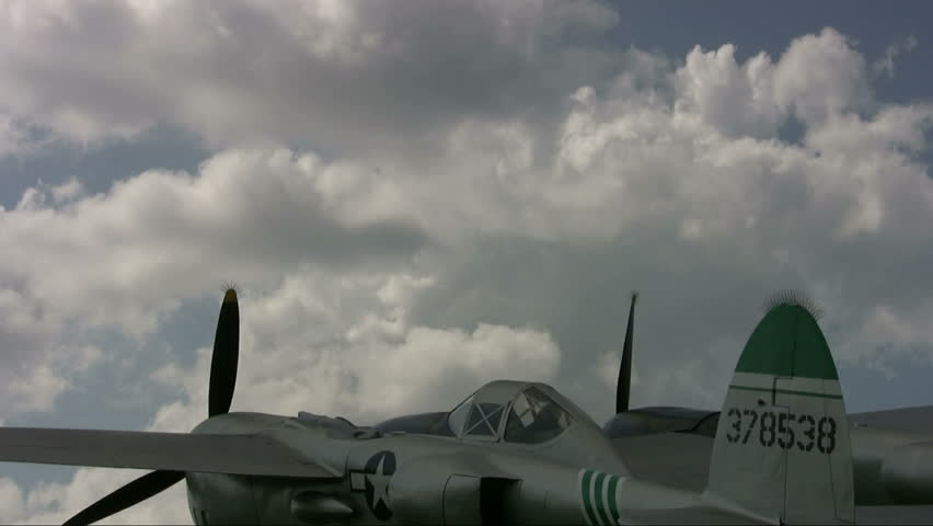 fuselage USAF P-38 Lightning pursuit fighter aircraft. World War 2 plane. Time lapse. Display Lackland AFB Texas. 