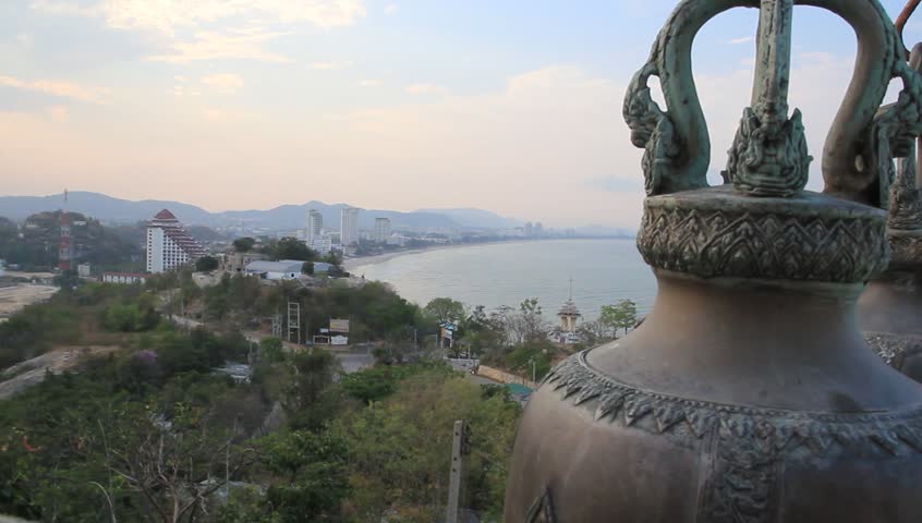 Observation deck on the mountain of monkeys Takiab. Ancient Buddhist bells. 