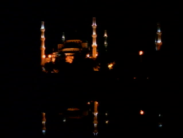 The Blue Mosque of Istanbul at night with six minarets