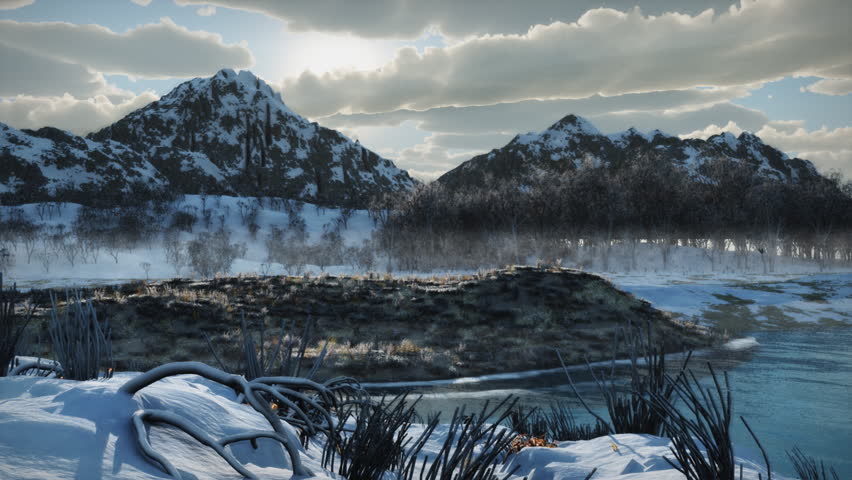 (1087) Snow valley wilderness Fresh early spring snow nature wilderness scene with creek and time-lapse clouds. Sun rising / setting over mountains.