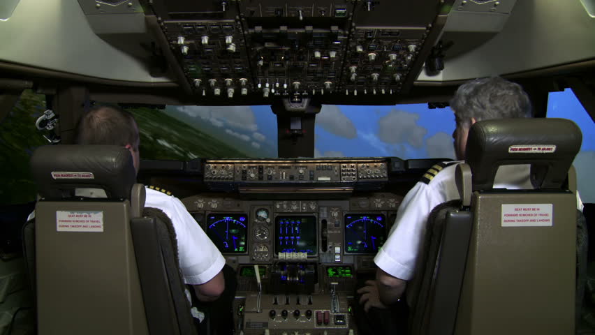 Cockpit view of a Boeing 747 banking to the left.