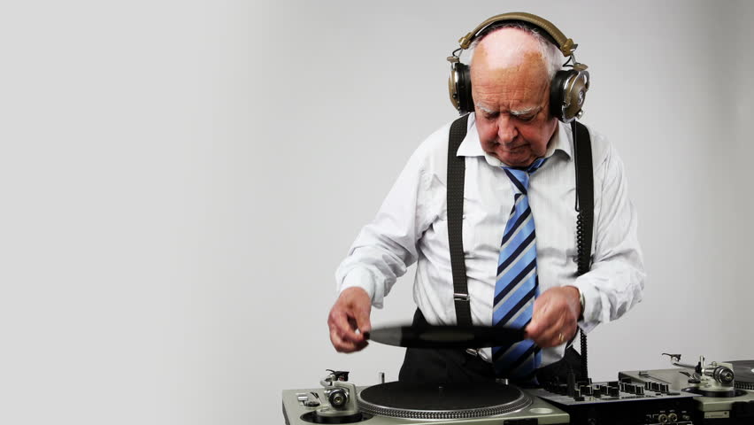 a very funky elderly grandpa dj mixing records
