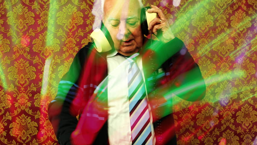 a very funky elderly grandpa dj mixing records
