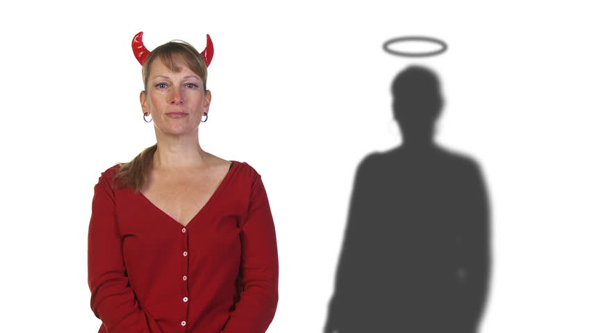 Wicked woman with devil horns has a good inner self, revealed by her shadow with a halo.