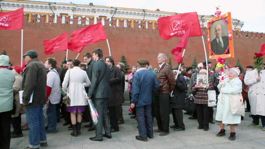 MOSCOW, RUSSIA-APRIL 22 - Russian communists march to visit the Mausoleum of the Soviet founder Vladimir Lenin to mark the 143rd anniversary of his birth on April 22, 2013 in Moscow