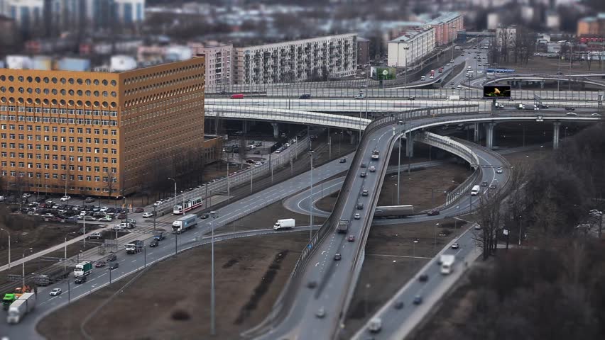 Aerial view of highway junction in St. Petersburg, Time Lapse shot with tilt shift effect