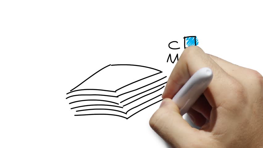 CMYK - print industry symbols - printed documents - simplified stylized hand drawn line art - whiteboard animation, white and green background. 