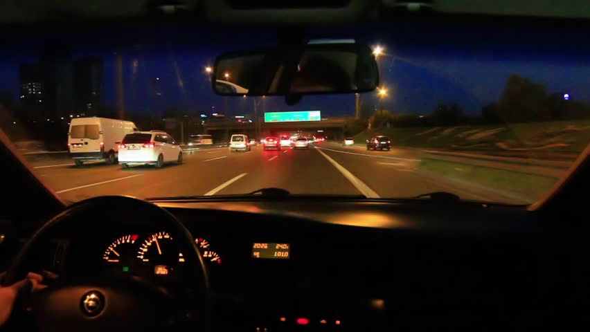 Driving Timelapse From Car Interior. Driving On Highway At Night Stock