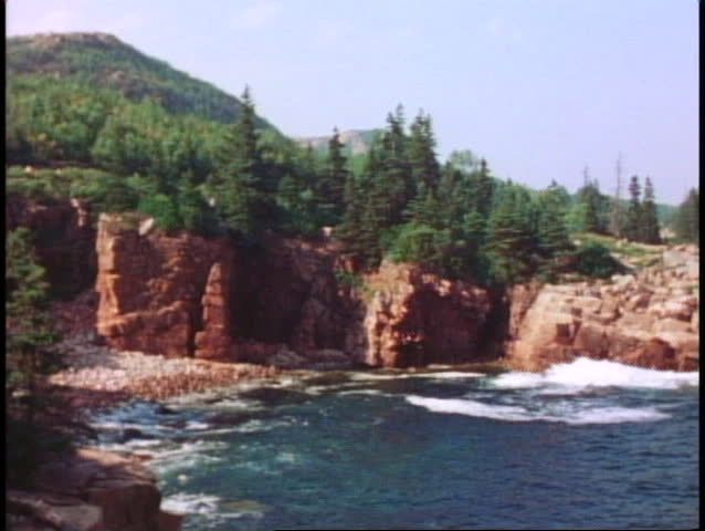 Rocky cliff and cove, sea and surf, pines, wide shot, Acadia National Park