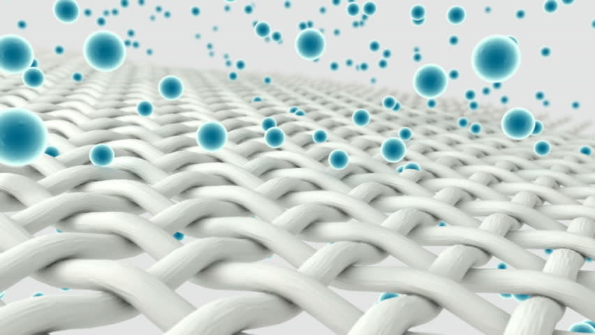 An extreme closeup zoom of fabric being penetrated by blue molecules and emanating spherical blue lights on an isolated background 