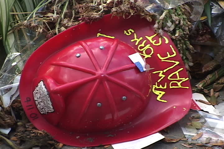 NEW YORK CITY - SEPTEMBER 29, 2001: Plastic firefighter's hat with message, New York's bravest