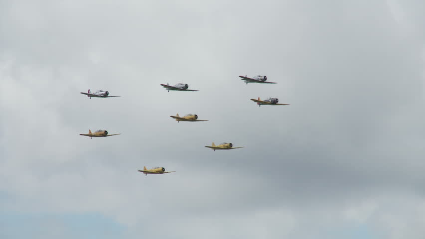 USAF T-6 Texans flying in formation with Canadian Air Force Harvards, small training aircraft from WWII.