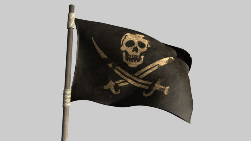 A regular jolly roger pirate flag with a skull and cutlasses on a black background attached to a wooden pole on a blue sky background