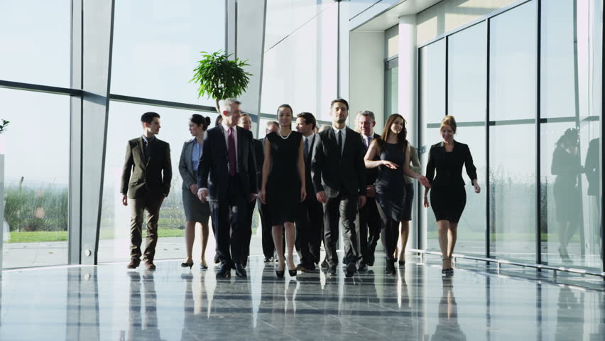 Portrait of an attractive multi-racial business team, as they walk through  a light and modern glass fronted office building towards the camera. In slow motion.