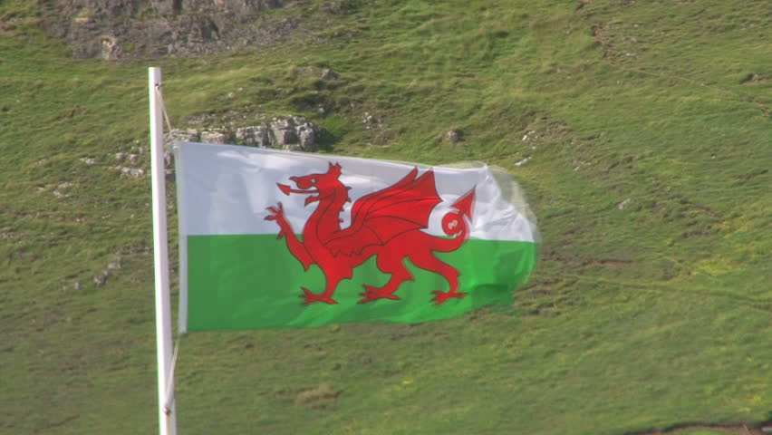 The flag of Wales blowing in a heavy wind.