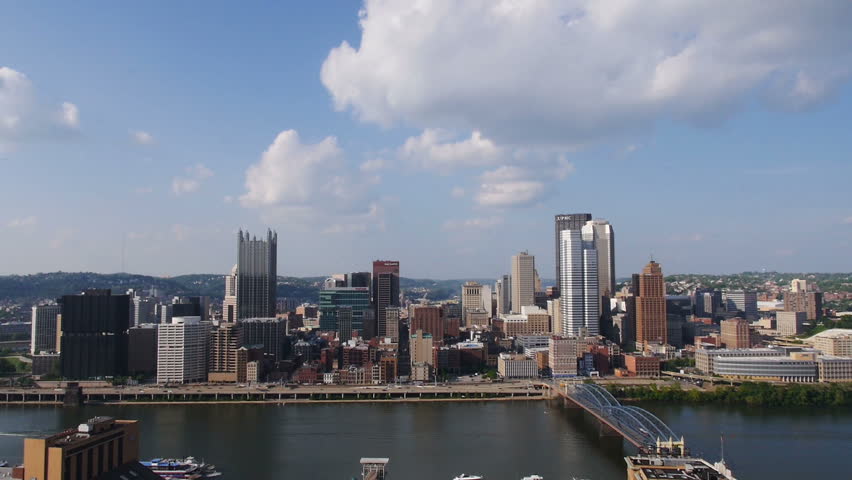 Tilting up from the Pittsburgh skyline.