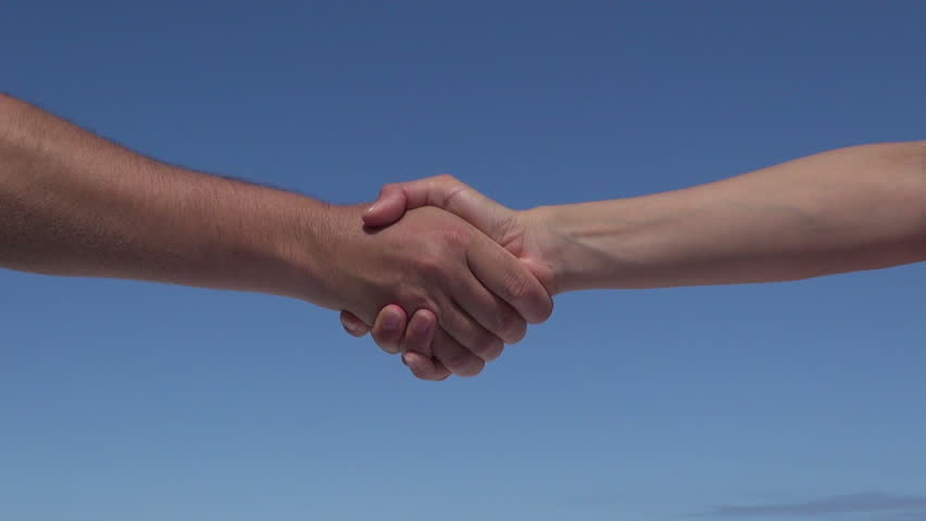 woman and man hands greeting several ways on blue sky
