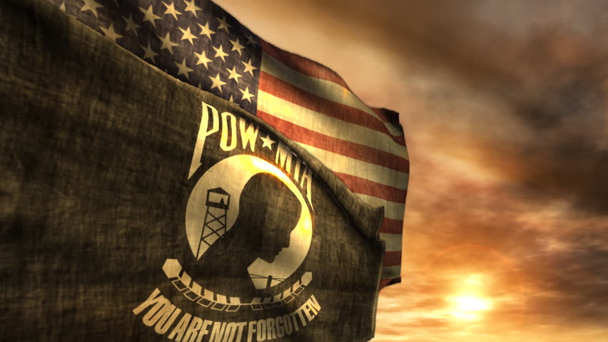 (1097) POW MIA and American Flags with Sunset. Themes: POW, military, war, USA, independence, Vietnam, memorial, remembrance, activism, freedom.